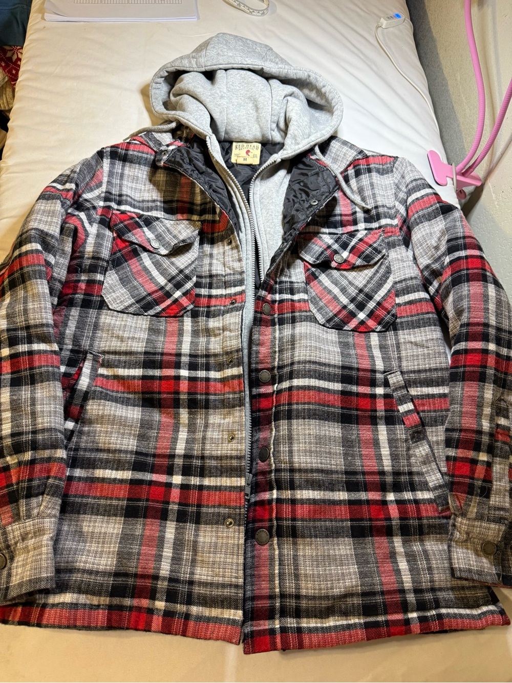 RedHead Men's Hooded Plaid Puffer Jacket - Gray & Red